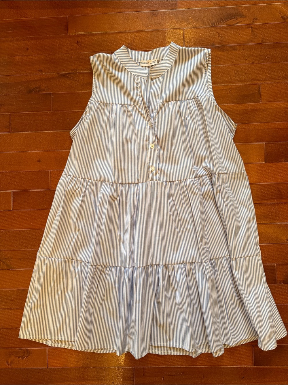 Sleeveless Blue-White Striped Tiered Dress